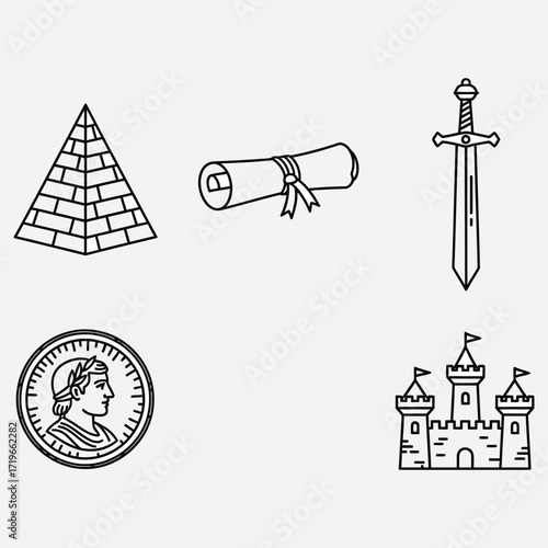 Ancient History Icons Pyramids, Scrolls, Swords, Coins, and Castles - Symbols of Civilization and Power