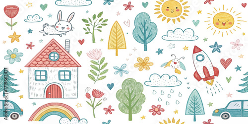 Adorable seamless kids pattern with pastel doodle style rainbow, clouds, flowers, trees, animals, and houses. Ideal for children’s , fabric, greeting cards, wrapping, and cute digital backgrounds
