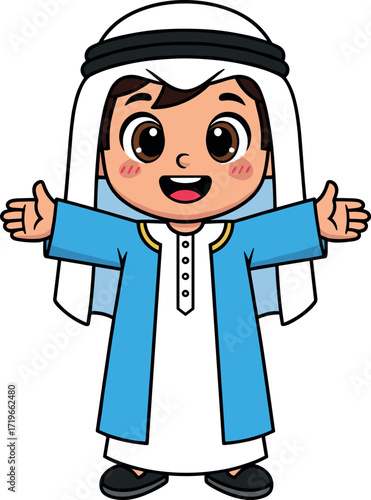 Happy Middle Eastern child in traditional clothing, cultural attire illustration, cheerful boy character, isolated cartoon vector for educational use