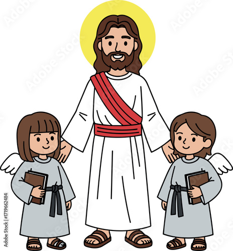 Jesus with angel children cartoon illustration, Christian religious vector, spiritual guidance, holy halo, white robe, faith, Bible teaching scene