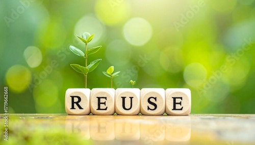 リユースを意味する英単語REUSEの文字が書かれたブロックと緑。AIで生成