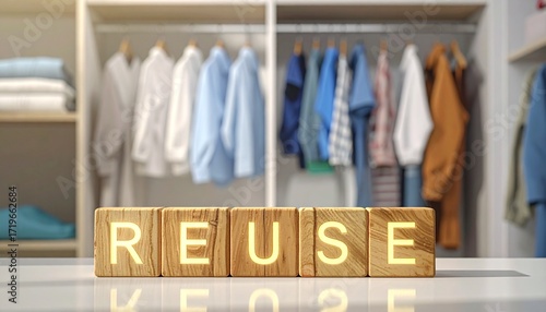 リユースを意味する英単語REUSEの文字が書かれたブロックとクローゼットの洋服。AIで生成