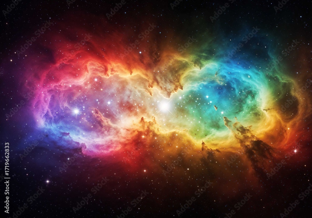 Fototapeta premium Vibrant nebula showcases colorful cosmic dust and gas against a dark space background filled with bright stars