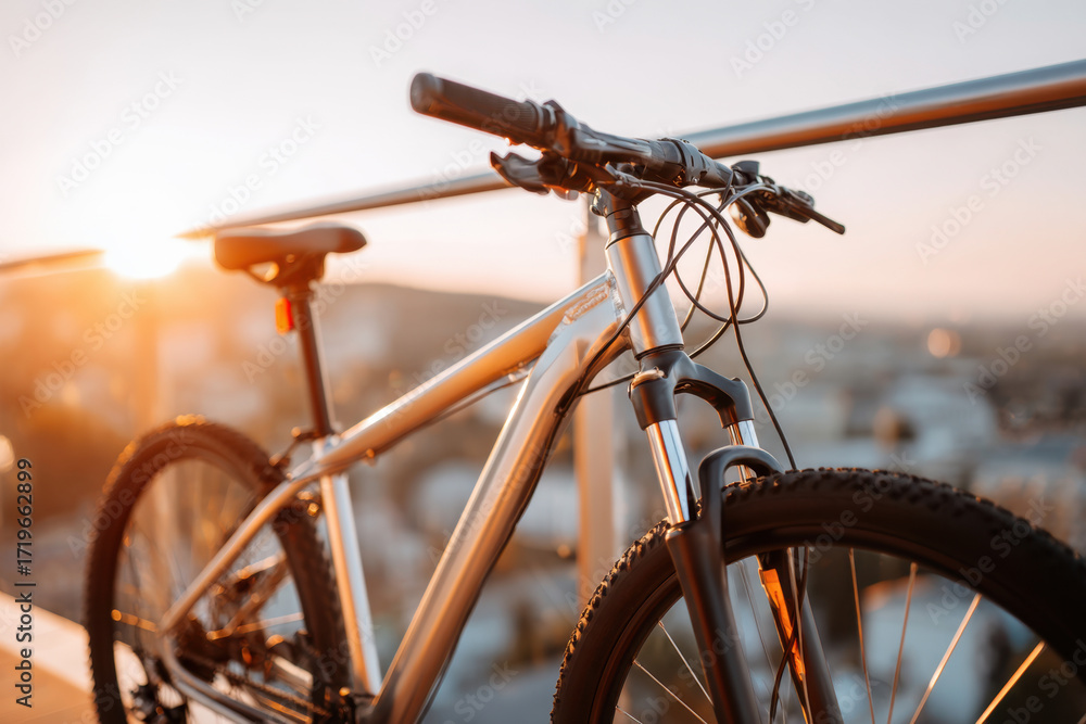 Naklejka premium Silver mountain bike at sunset