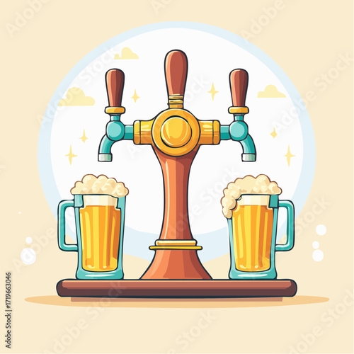 Pixel Art Beer Tap with Two Frothy Glasses