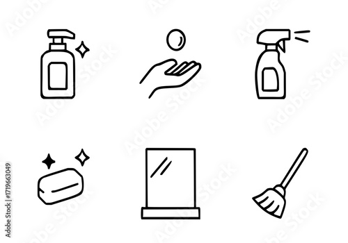 A versatile line art icon set featuring cleaning and hygiene essentials, including soap dispenser, hand washing, spray bottle, bar soap, window cleaner/mirror, and broom. Ideal for websites and apps.