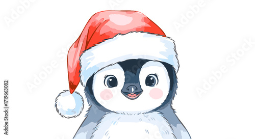 Festive Penguin Adorable Bird in Santa Hat, Holiday Season Cheer
