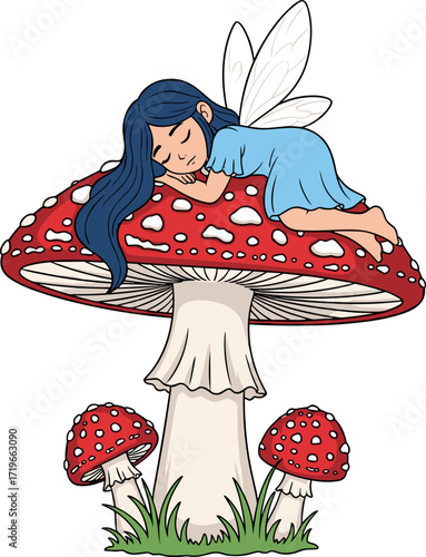 Sleeping fairy on red mushroom in magical forest with blue hair, white wings, fantasy nature scene, whimsical dreamland illustration