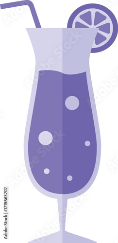 Flat Design Purple Cocktail with Lemon Slice and Straw.