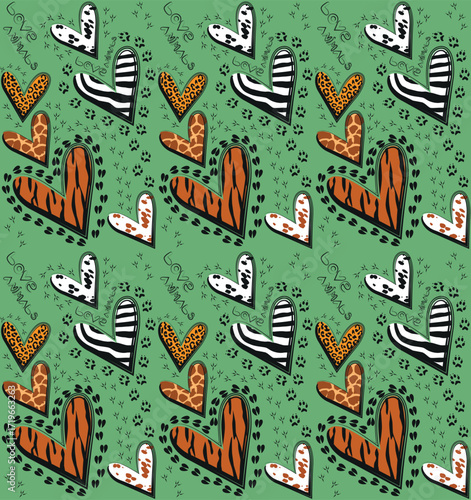 Vector seamless pattern on a green background with hearts, animal skin patterns - zebra, tiger, leopard, giraffe, traces of bird and animal paws, and the inscription "love animals"