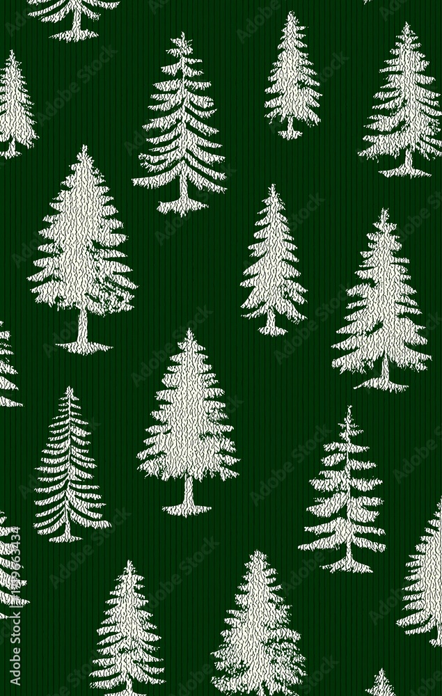 Obraz premium Green fabric pattern featuring white embroidered trees, showcasing a seamless design ideal for textiles, wallpapers, and creative projects with nature themes
