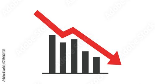 Red downward trend arrow over bar chart symbolizing financial decline and economic recession isolated on white background
