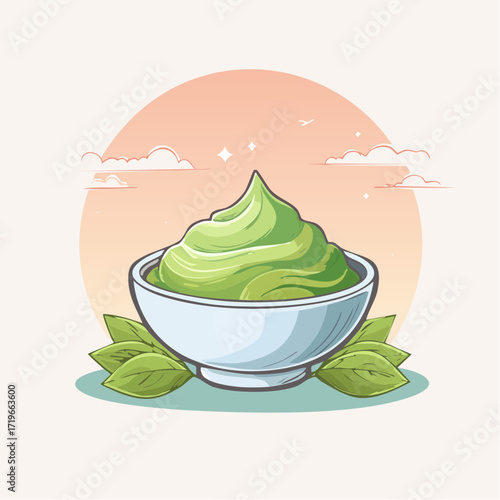 Green Matcha Cream in Bowl Pixel Art Illustration