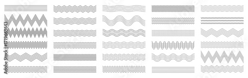 Corrugated Wave. Waves line set. Isolated zigzag, Wave ornament pattern, dashed, dotted, horizontal underline, wavy, billowy, thin line background. Vector illustration. Not AI.
