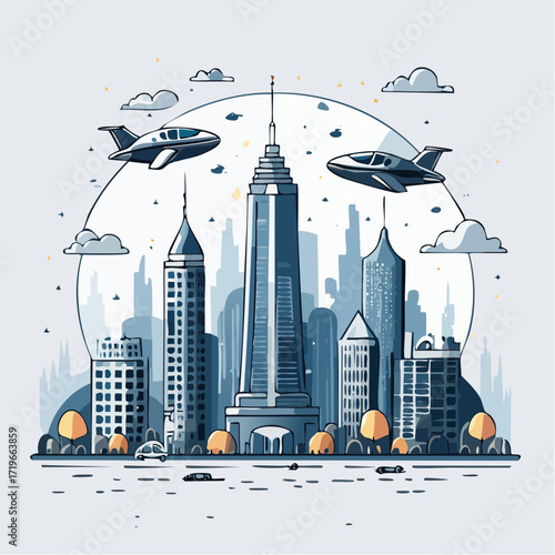Modern City Skyline with Private Jets and Blue Hues