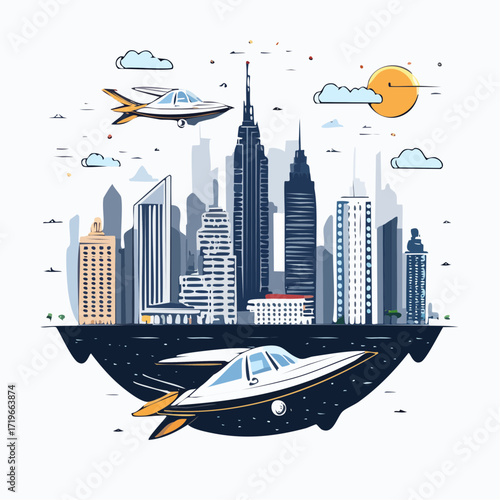 Futuristic Cityscape with Flying Vehicles and Skyscrapers