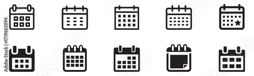 Calendar icon set. Schedule date symbol collection. Event planner sign. Time management. Reminder organizer for app, website, ui. Business appointment, deadline day vector. Vector Illustration.