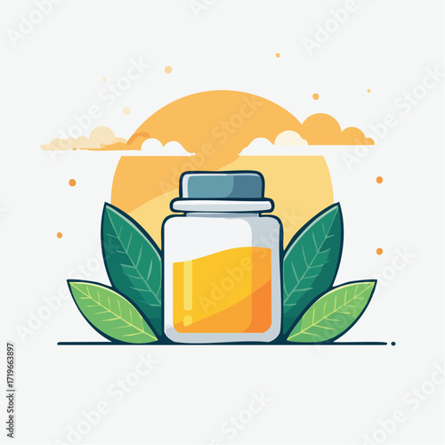 Yellow Supplement Bottle at Sunset with Green Leaves