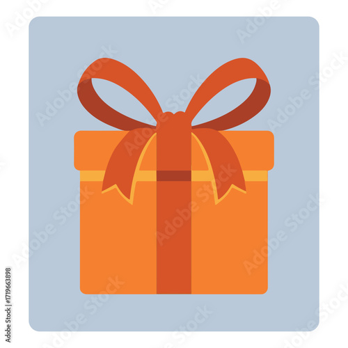 Gift box simple, flat design illustration of an orange gift box with a red ribbon and bow, set against background, symbolizing celebration and surprise