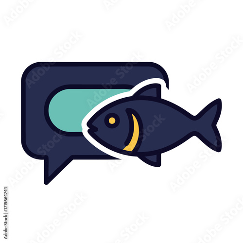 Symbolic duality of aquatic life and conversation, represented by a sleek fish and chat bubble vector icon design on a white background