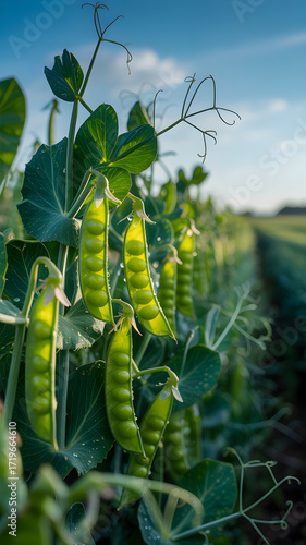 Close up of pea pods growing on a vine in a field under a blue sky on a sunny day in the countryside