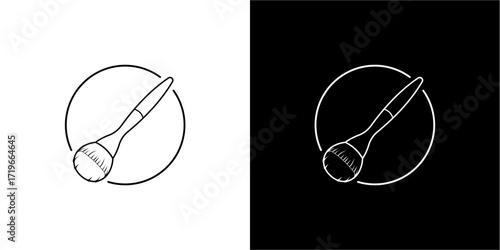 A minimalist line drawing of a makeup brush inside a circle, in two color schemes.