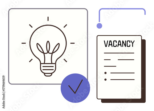Light bulb representing idea, vacancy list labeled as a checklist, approval checkmark. Ideal for recruitment, job search, innovation, business growth, creativity, human resources simple flat