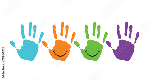 Colorful handprints with smiley faces represent diversity and joy in early childhood education.