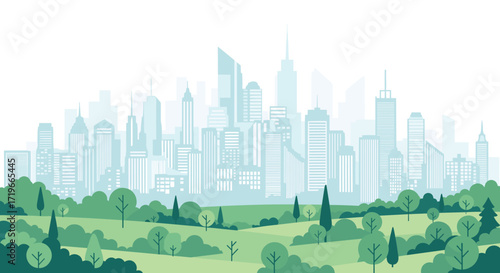 A vibrant green cityscape with a dense forest in the foreground and skyscrapers in the background.