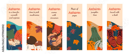 A set of vector bookmarks with cozy autumn elements: leaves, pumpkins, boots, cinnamon drink, a cat under a blanket, and mushrooms. A bright fall design for printing. Vertical format.