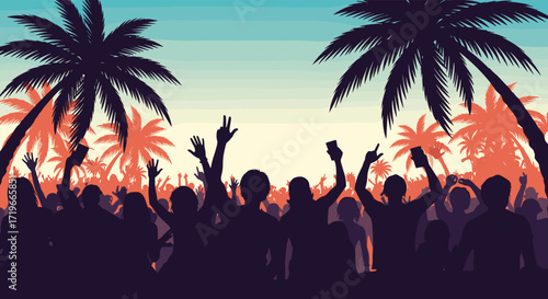 A lively crowd of silhouettes dances under palm trees at sunset.
