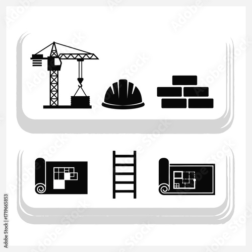 Construction project planning essential elements including blueprints, safety gear, and tools