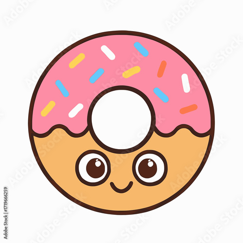 Flat vector illustration of a cheerful donut with icing and cartoon smile on a white background