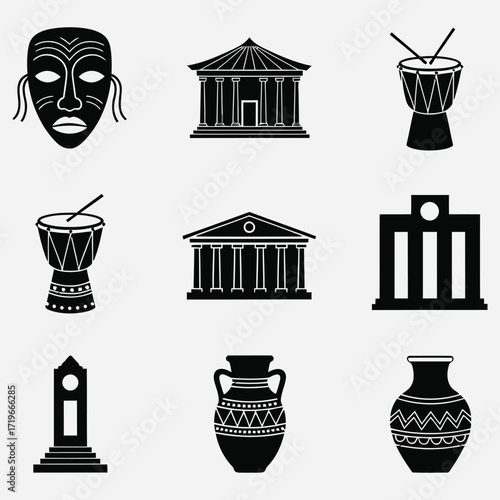 African Cultural Icons Collection Masks, Drums, Vases, and Architecture Symbols