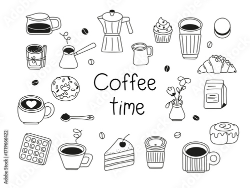 Coffee time. Black and white vector illustration. Coffee set.