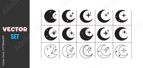 Collection of hand drawn celestial moon phases and stars in black and white