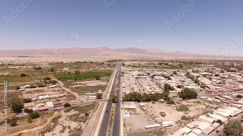 Aerial drone videos of Calama city on a sunny day in the Atacama Desert, northern Chile