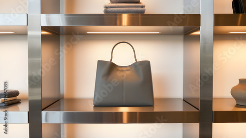 A gray leather tote bag displayed on a metal shelf with other items in a well lit retail space