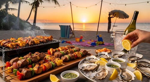 Fototapeta Naklejka Na Ścianę i Meble -  Beachside Feast - Grilled Skewers and Fresh Oysters at Sunset.