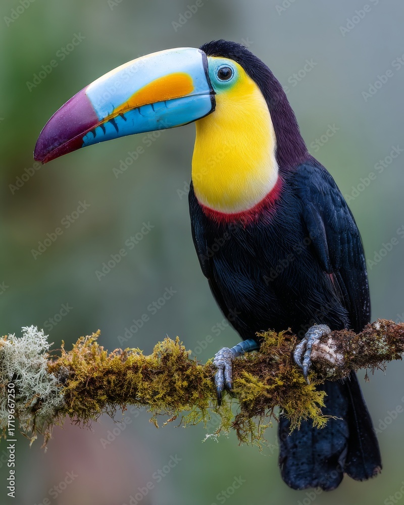 Fototapeta premium Toucan with Colorful Beak Sitting on Mossy Branch in Tropical Rainforest