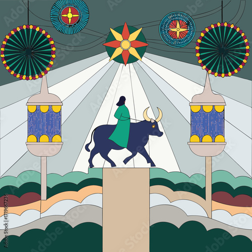 A person in green robes rides a dark blue bull under a starburst and decorative wheels, with lanterns and a stylized landscape