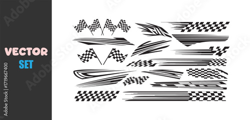 Collection of black and white racing stripes and checkered flags graphics