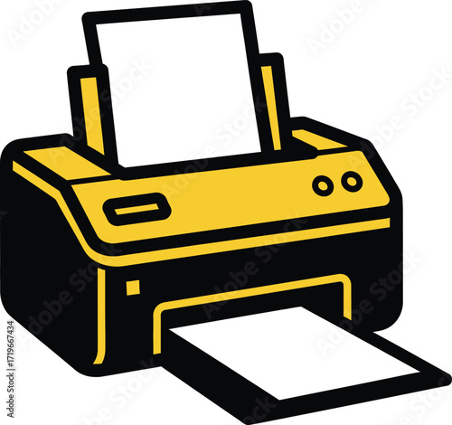 Yellow and black printer with paper loaded
