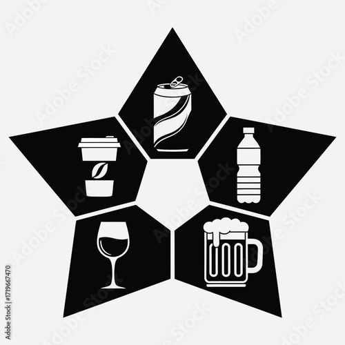 Beverage Icons Coffee, Soda, Water, Wine, and Beer in a Star Shape