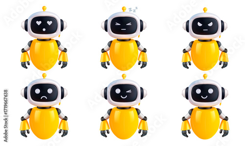 A yellow robot with different facial expressions on a white background. A chatbot in different moods.