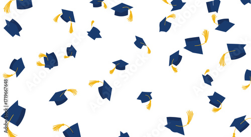 Celebratory graduation caps flying in the air against a white background marking academic achievement and future success.