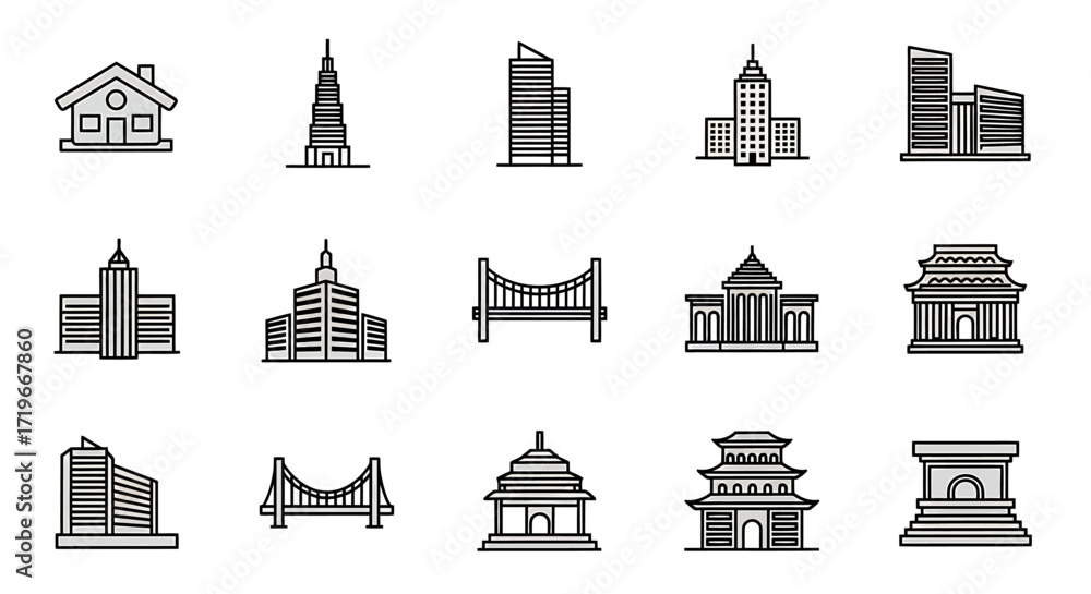 Fototapeta premium Collection of Architectural Line Icons: Houses, Skyscrapers, Bridges, and Temples