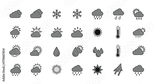 Weather Forecast Icons: Clouds, Rain, Snowflakes, Sun, Thermometers, and Water Droplets