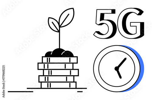 Plant growing from coins, 5G text, and a simple clock icon highlight innovation, investment, technology, sustainability, efficiency, financial growth and faster connectivity. Ideal for simple flat