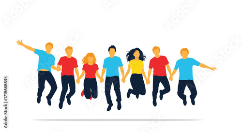 A diverse group of friends joyfully jumping together in unity and happiness.